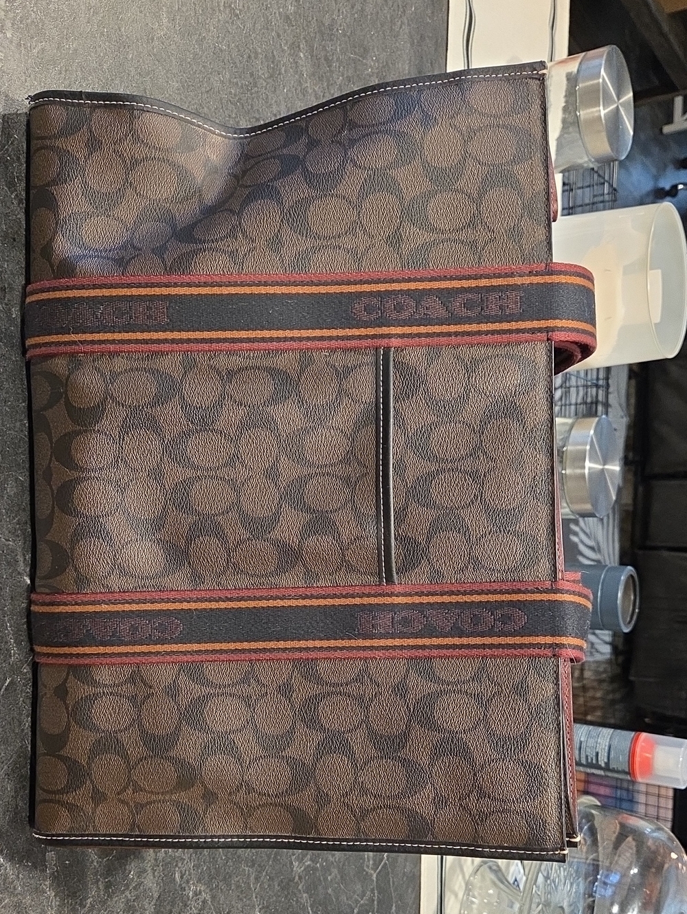Coach Brown Signature Tote with Striped Webbing